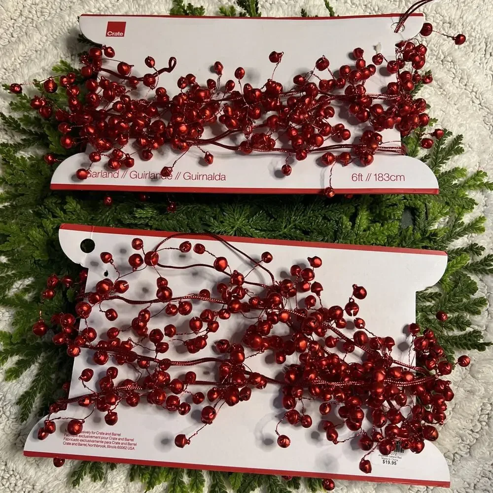 Crate & Barrel Red Jingle Bell Garland 2 Sets 6ft Each (12’ Total) Holiday Decor